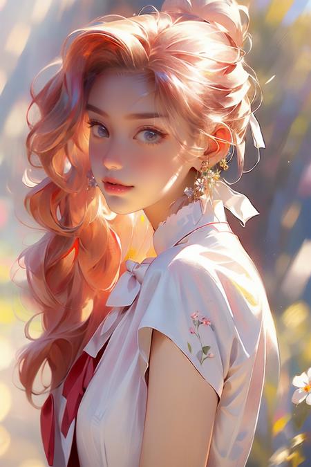 blurry, depth_of_field, blurry_background, earrings, 1girl, chinese_clothes, jewelry, blurry_foreground, solo, dress, china_dress, looking_at_viewer, outdoors, lips, ribbon, white_ribbon, extremely detailed CG unity 8k wallpaper,masterpiece, best quality, ultra-detailed, beautiful detailed eyes:1.2,best illumination, (best shadow, an extremely delicate and beautiful, bloom),
 <lora:fenhongnvhai:1>