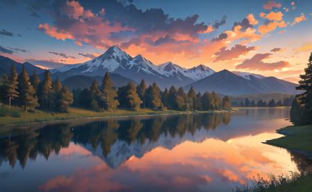 masterpiece, best quality, aesthetic, no humans, scenery, sky, cloud, outdoors, mountain, water, sunset, cloudy sky, lake, river, landscape, reflection, tree, nature, mountainous horizon, blue sky, evening, professional shadow, award winner photo