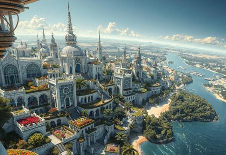 Photorealistic photo, sprawling Futuristic Solarpunk city on space station, whitewashed gothic revival architecture, stained glass buildings, beautiful lush flower gardens, organic cube shaped stained glass buildings of variety of sizes with terraced gardens and green space,, surrounded by blue ocean sandy beaches, (verdant forests,  large, shimmering rivers)