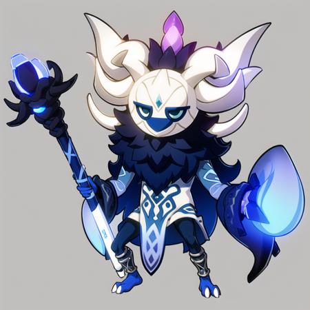 glowing, white background, simple background, glowing eyes, standing, staff, horns, colored skin, blue eyes, holding, 1boy, weapon, full body, tentacles, colored sclera, blue skin, no humans, mask, holding staff, male focus, fur trim