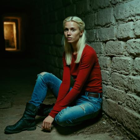 RAW full body analogue photo of a beautiful 20 years old woman, clear focus, 8K,__Random_Woman__,well-shot, grainy, amateurish photo of an skinny, busty woman sitting on an old basement floor and looking up. She an elegant, slim face,  She is wearing a worm, dirty, red shirt and worn, ripped jeans. She is unwashed, very dirty and grimy. She looks unhappily at the camera pleading.  The spooky basement is dimly lit and very dirty. eerie, interesting, natural, film grain. ,low light, soft natural light, Rembrandt style light, Hasselblad DLSR camera, 200mm Zeiss lens, f/2.8 ,Sexy pose, erotic pose, exhibitionism ,Desert ruins