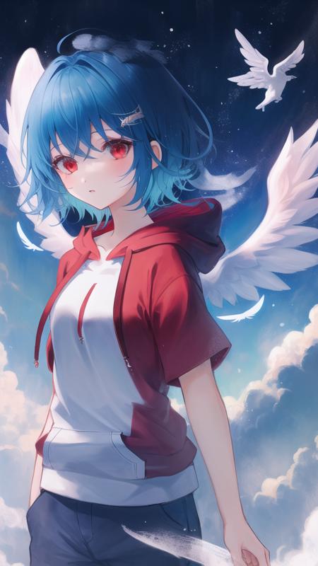 1girl, blue hair, red eyes, hoodie, angel, angel wings,  short hair, (solo:1.3),  <lora:MatchaStyleV1:1>