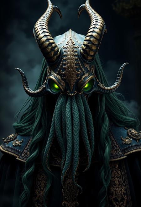 A menacing figure with a demonic squid mask adorned with intricate golden details and two large, twisted horns. The character has long, flowing green hair and wears dark, ornate robes decorated with gold embellishments. The eyes behind the mask glow with an eerie light, adding to the ominous presence. The background is shrouded in mist and darkness, enhancing the mysterious and foreboding atmosphere.
BREAK
((UHD:1.5)), ((high details:1.5)), ((best quality:1.6)), ((super detail:1.5)), ((award winning:1.4)), ((masterpiece:1.6)), ((ethereal glow:1.3)), ((retina:1.4))
BREAK
Art by Greg Rutkowski, Pascal Blanche, Martina Grimm, John William Waterhouse
BREAK
Close-up shot, eye-level shot, dramatic lighting, chiaroscuro, dark fantasy realism, photo, cinematic