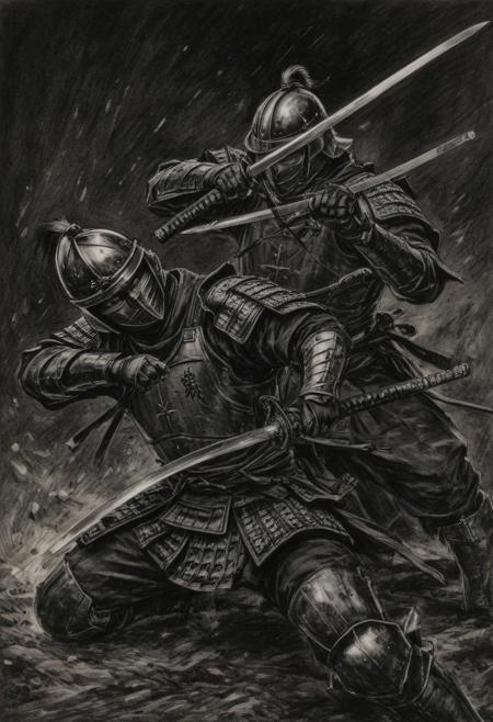 Score 9, source manga, (2 page manga) (Japanese samurai in Japanese armor engaged in slashing combat in the dark), excellent image quality, exquisite detail, charcoal drawing, charcoal, popular Japanese action manga, ink painting, holding a sword, swinging a sword
