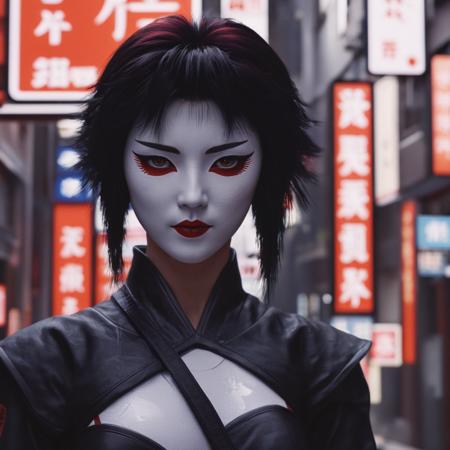cinematic film still of  <lora:perfection style:0.3> perfection style
 <lora:Unreal Engine style:0.4> Unreal Engine style
 <lora:Ghost in the Shell style:0.8>
In Japanese manga cyberpunk city a futuristic geisha woman with a red and white face paint,solo,looking at viewer,simple background,artist name,no humans,mask,realistic , detailed, different, real, unique, cinematic, dramatic, concept art, filmic, perfect, high quality, Ghost in the Shell style, Masamune Shirow style, shallow depth of field, vignette, highly detailed, high budget, bokeh, cinemascope, moody, epic, gorgeous, film grain, grainy