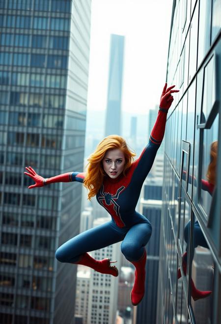 realistic, photograph, photo, photorealistic, high detail, 20 year old irish woman with wavy ginger hair and freckles in spiderman suit, hanging onto the wall of a skycraper