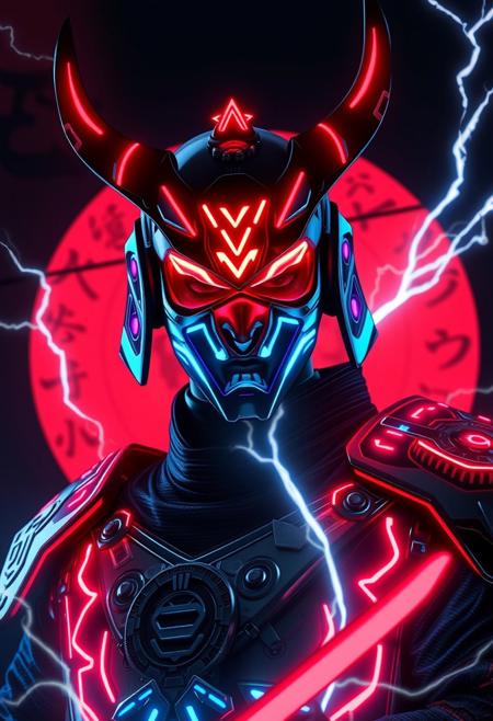 masterpiece, best quality, volumetric lighting, neon colors, dark background, 1man, male, closeup, Raijin with an oni mask, god of thunder, god of lighting, god of lightning, thunder, and storms, cyber tron neon Raijin armor, full armor, Covered face, covered eyes, standing in front of a tomoe, tomoe background, cyber horns, ninja pose, kunai, blades, flying raijin, so fast leaving mirages, katana