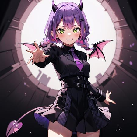 1girl, solo, cowboy shot, dynamic pose, evil grin, hell, cavern, (purple magic:1.4), towaschool, low twin braids, black shirt, black skirt, pleated skirt, collared shirt, purple necktie, demon horns, demon wings, demon tail, demon girl <lora:tokoyami towa 5 outfits:1>