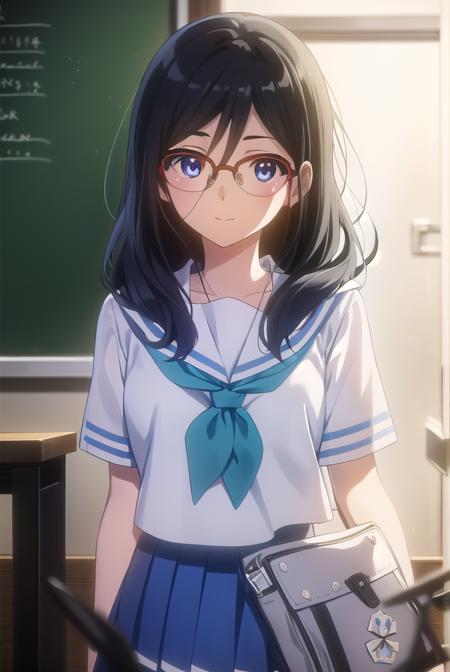 asukatanaka, <lora:asuka tanaka s2-lora-nochekaiser:1>,
asuka tanaka, long hair, black hair, blue eyes, glasses, semi-rimless eyewear, red-framed eyewear, over-rim eyewear, hair between eyes, smile,
BREAK skirt, shirt, school uniform, white shirt, short sleeves, pleated skirt, serafuku, sailor collar, blue skirt, neckerchief, blue sailor collar, school bag, green neckerchief, kitauji high school uniform,
BREAK indoors, classroom,
BREAK looking at viewer, (cowboy shot:1.5),
BREAK <lyco:GoodHands-beta2:1>, (masterpiece:1.2), best quality, high resolution, unity 8k wallpaper, (illustration:0.8), (beautiful detailed eyes:1.6), extremely detailed face, perfect lighting, extremely detailed CG, (perfect hands, perfect anatomy),