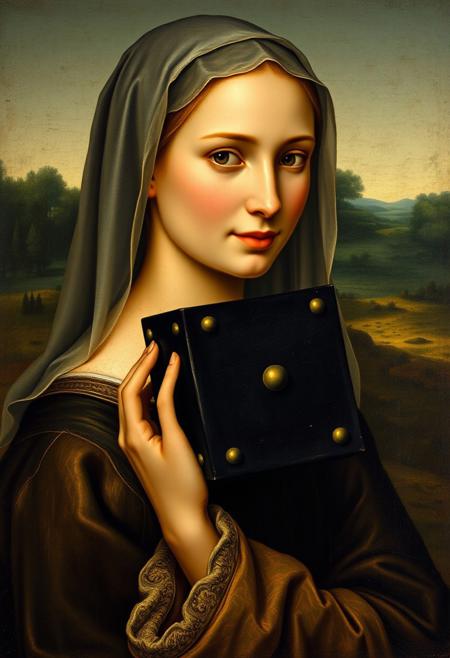 Long lost Leonardo da Vinci painting of a girl holding a mysterious black box with round edges and simple ornaments near her ear, dramatic light, profie portrait, slight smile, enigmatic, head covered with transparent veil, 15 century Toscana landscape in background.
