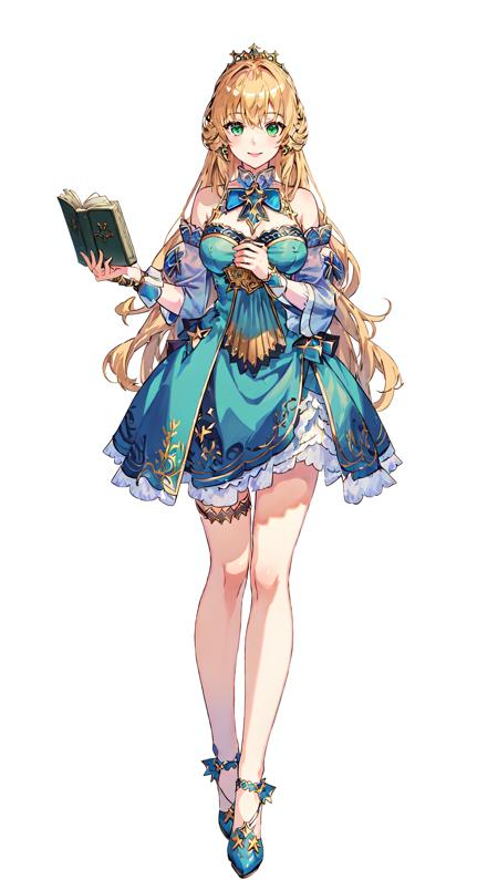 vtubermodel of 1girl , blonde hair , green eyes , magical blue dress, holding a magical book , high quality , extra detailed , rendered, white background, full body, smiling, sharp face<lora:VtuberMakerV2:0.75>