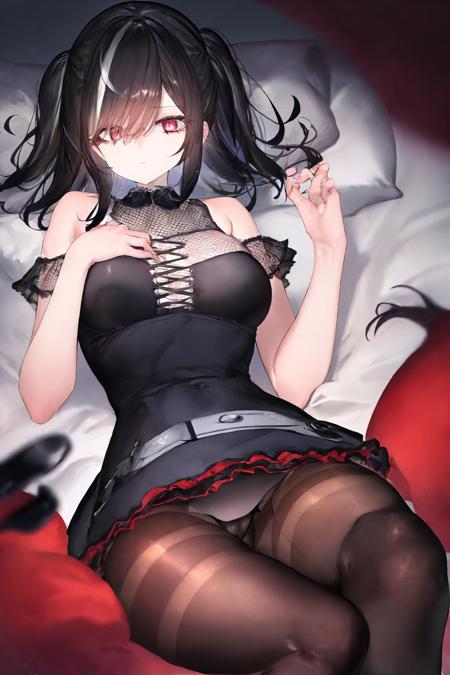 <lyco:style_ichini-10:1.0>, solo, 1girl, expressionless, looking at viewer, lying, black hair, multicolored eyes, frilled dress, pantyhose