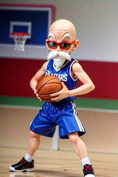 best quality, masterpiece,  muten roushi, facial hair, 1boy, child, male focus, solo, bald, (beard), sunglasses, white hair, basketball uniform, ( basketball jersey), (blue sport shorts) , mustache, full body, red-framed eyewear, basketball court, black sneakers, green-tinted eyewear, AS-YoungestV2,dynamic pose,AS-YoungerV2