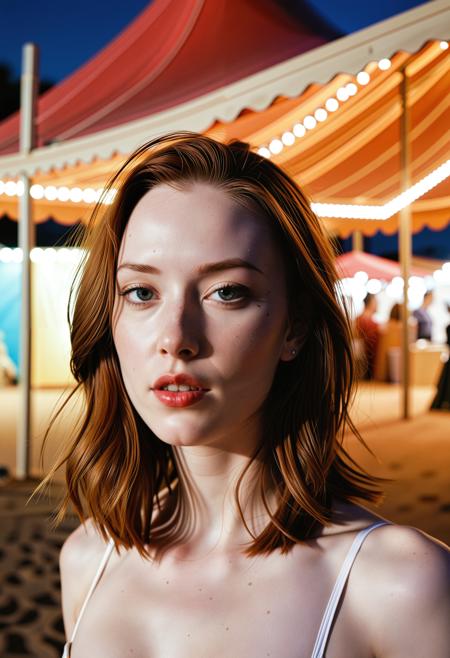 (Close up analogue photo) of a beautiful 25 years ((pale skin)), oval face, auburn haired woman, <lora:Jacinta_SDXL:0.7>,wearing Hallyu, (shoulder length hair:1.3),,low light, soft natural light, Rembrandt style light, Hasselblad DLSR camera, 200mm Zeiss lens, f/2.8 ,Sexy pose, erotic pose, exhibitionism ,desert oasis marketplace with holographic projections and colorful tents