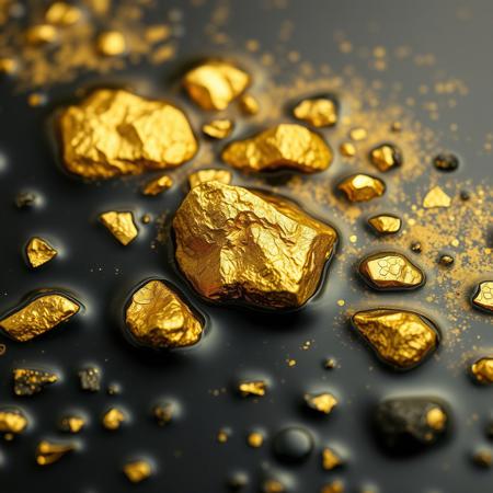 There are only a few large gold nuggets in the frame, half immersed in petroleum. High resolution shot.