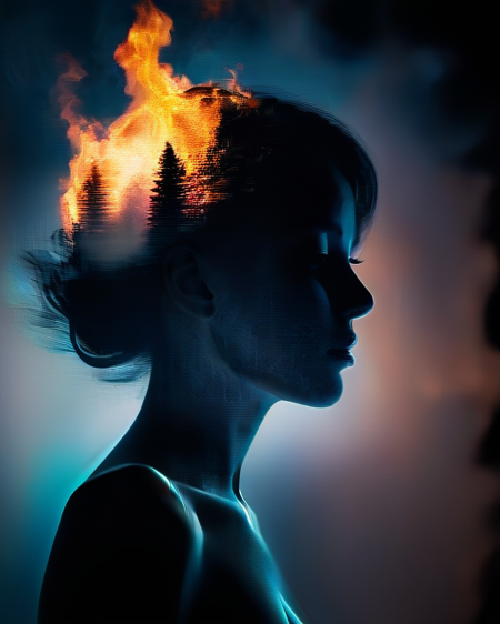 forest fire dreamscape in your mind, Double exposure effect of white lady body portrait silhouette, superimposed against burning forest night sky by Conrad Roset, Brandon Kidwell, Andreas Lie, Dan Mountford, Agnes Cecile, Jeremy Mann, oil and ink canvas, fine art, super dramatic light, photoillustration, amazing depth,  burning particles, hyperdetailed, iridescent blue fire, intricate detailed, amazing depth, hypervibrant, stunning atmosphere, mesmerizing whimsical vibrant scenery, hypermaximalism (Beautiful Outside, Ugly Inside, Stress and Pain, Beauty and Despair, Hard and Soft, Positive and Negative, Hot and Cold, Sweet and Sour, Vibrant and Dull, Perfect Harmony, Light and Dark, Hot and Cold, Old and Young, Fire and Ice, Yin and Yang, Opposites, Black and white, Smoke and Steam,Hot and Cold, Organic and Mechanical, Corresponding colors, Loud and Quiet, Chaos and Peace,  Night and Day:1.2) complex masterwork by head of prompt engineering