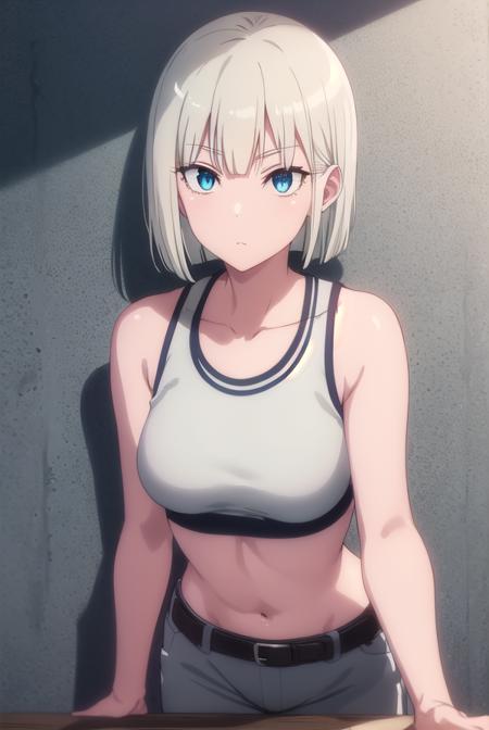 gina boyd, short hair, bangs, blue eyes, white hair, blunt bangs, bob cut, skirt, long sleeves, school uniform, pleated skirt, serafuku, black skirt, sailor collar, neckerchief, red neckerchief, black serafuku, navel, shorts, midriff, belt, sports bra, grey shorts, bare shoulders, collarbone,