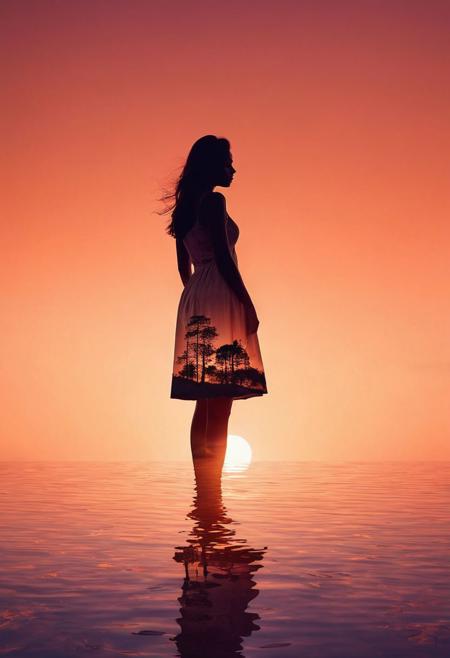 Highly conceptual digital art, 
beautiful double exposure, 
combining the silhouette of a girl in the twilight tranquility, 
capturing the calmness of the soft gradients, 
serene landscapes transitioning from day to night, 
monochromatic background, 
perfect composition, 
sharp focus, 
perfect still life photography, 
highly detailed masterpiece, 
vibrant colors, 
by Kingshuk's craziness, 
intricate portrait, 
dynamic high resolution, 
award winning UHD photoshoot