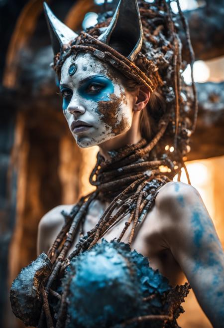 cinematic captivating photo of huge tantric angry female goddess with cat face with ligthed blue eyes made solely out of las040 rubble, rusted metal pipes, rusted wires, broken glass, bokeh, medium shot from below, off center, 4k, uhd, high detals, high quality, soft light, focus on face, rusted silver, fog, sun rays, spiritual