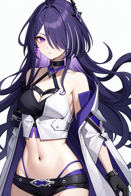 huangquan,long hair,purple hair,purple eyes,hair over one eye,navel,gloves,hair ornament,black gloves,bare shoulders,choker,trench coat,midriff,crop top,single thighhigh,