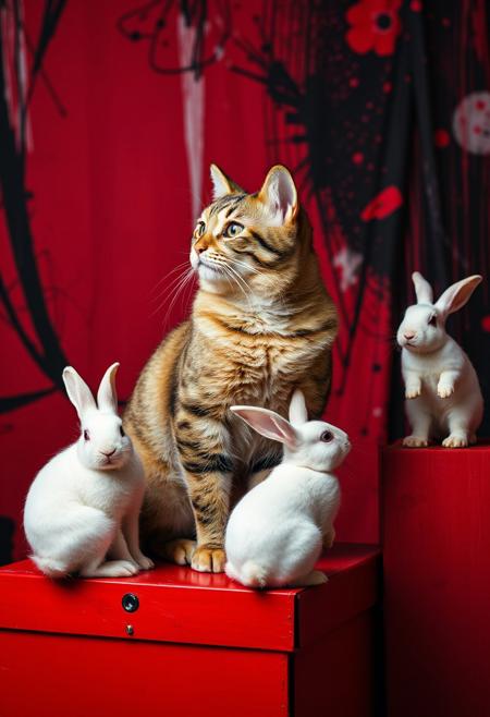 (Soft Lighting Photography by Mimoza Veliu and Mario Giacomelli:1.2), NSFW, A vibrant and colorful photo of a cat sitting on a red box, surrounded by two white rabbits. the cat is looking off to the side with a contemplative expression. the background is a mix of red and black, with abstract shapes and patterns. on the right side of the image, a small white rabbit is sitting on the box, looking up at the cat
