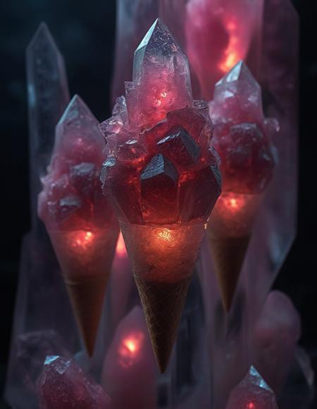 A cone of ice cream where each scoop is made of glowing crystal. The ice cream flows like liquid light, and the cone is crystallized, with sharp edges and geometric patterns. The scene is illuminated by a radiant, gem-like glow. <lora:SoulGemmed:1>