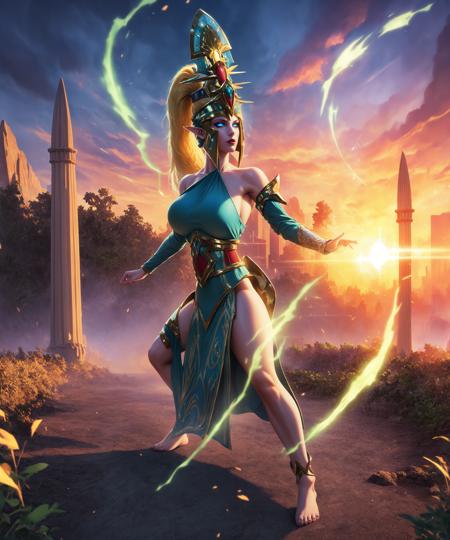 (masterpiece, best quality:1.4), colorful, vibrant image, sharp focus, highly detailed, intricate, ultra detailed textures, digital art, HDR, 8K,
Alarielle is (in battle stance, green aura, dynamic pose:1.1), magic, power, glowing eyes, sunrise chaos blue sky and fields complex fantasy background, confident look, (tricky glance:1.1), looking at viewer, (full body shot:1.25),
blonde hair, ponytail, pointy ears, lipstick, makeup, detailed hair, detailed face, blue eyes, (ultra detailed realistic perfect eyes:1.1), perfect face, jewelry,
(ultra blue helmet:1.25), headgear, (helmet covering temple hair:1.1), intricate dress, armor, bare shoulder, barefoot,
mature female, milf, 40yo, curvy, (huge breasts:1.1), cleavage, <lora:Alarielle-000008:0.87>  <lora:runemagic:0.7>