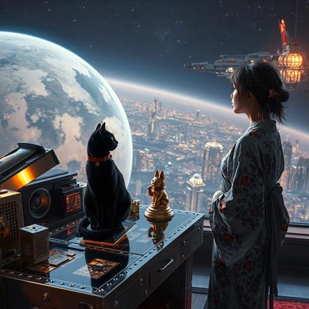 A sleek black cat with red collar sits on a cluttered metal riveted desk with transparent top and micro-LED lighted computer components visible inside, On the desk is a gold and lacquer maneki neko statue and an art deco glass and metal lamp, the Black Cat is looking out of a seamless and futuristic floor to ceiling window that looks out at a planet from low orbit, the planet is covered with the lights of enormous buildings and cities that maintain realistic scale, (((a beautiful woman, 24 years old, is standing next to the desk the cat is sitting on and looking longingly out the window, the woman is dressed in casual, but beautifully designed elegant but sexy yukata. An enormous deco starship with futuristic lighting and an enormous space station are visible in the background among the stars, The woman's hair is messy from just waking up and tied up with a ribbon.  Artistic art deco, dynamic perspective, (((overall architectural aesthetic is Art Deco Cyberpunk))).  Epic image that elicits a feeling of wonder and awe, inspired composition of a master image artist using exact proportionality and exquisite use of colors light and shadows,
