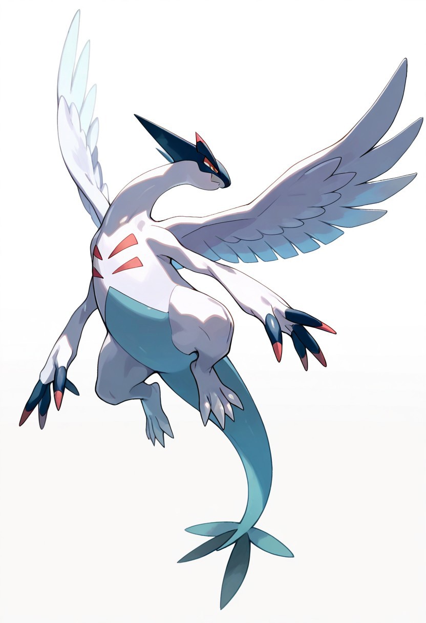 A large, winged creature with a predominantly white body depicted in a dynamic, midair pose. Its underbelly and tail are a light blue, while its fingers and head are a darker blue. It has large, feathered wings that are spread wide, and the claws on its limbs are sharp and red tipped. 