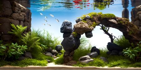 Glass frame, underwater, ripples on the water surface, reflection on the water surface, landscape, nature, sunlight, (small fish schools:1.4), stacked layers, (stones:1.2),( interlaced roots:1), <lora:underwaterlandscape1:0.7>