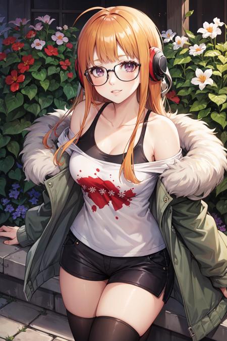 masterpiece, best quality, ultra-detailed, glowing light, (detailed background, complex background:1.2), (perfect face, detailed face), (mature female, milf:1.3), smile, happy, parted lips, thighs, 
<lora:sakura_futaba:1>, sakura_futaba, long hair, glasses, blunt bangs, headphones, black-framed eyewear, behind-the-head headphones, shirt, jacket, off shoulder, fur trim, green jacket, ahoge, fur-trimmed jacket, bare shoulders, shorts, thighhighs, black thighhighs, white shirt
(outdoors, garden)