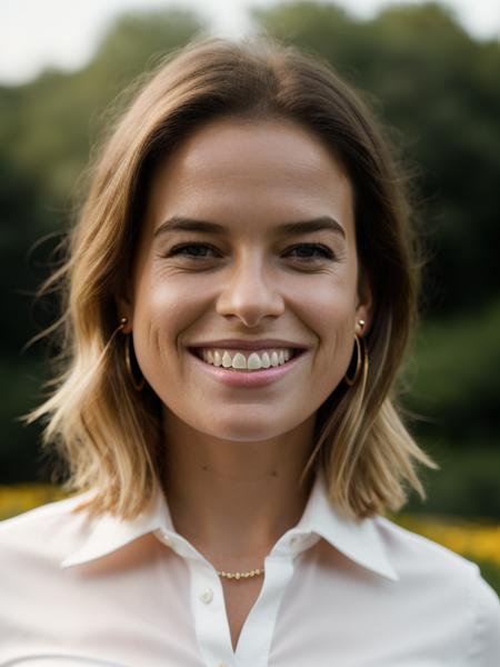 Realistic photo of a beautiful 4l1c33v3-v1 woman,  1girl, solo, looking at viewer, smile, blonde hair, shirt, jewelry, white shirt, upper body, earrings, teeth, medium hair, grin, lips, realistic, nose, soft lighting, professional Photography, Photorealistic, detailed, RAW, analog, sharp focus, 8k, HD, DSLR, high quality, Fujifilm XT3, film grain, award winning, masterpiece<lora:4l1c33v3-v1:1.0>