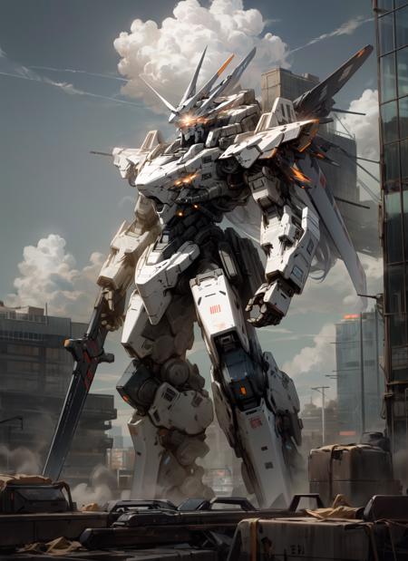 sky, cloud, holding_weapon, no_humans, glowing, , robot, building, glowing_eyes, mecha, science_fiction, city, realistic,mecha