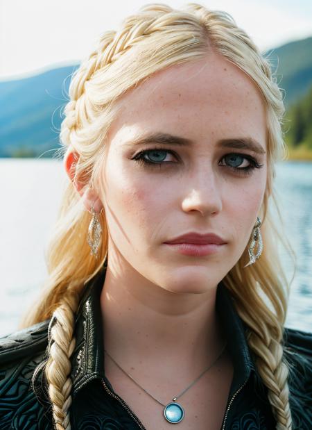 portrait of skswoman, bored , wearing designer wear , with platinum blonde Fishtail braid , background lake epic (photo, studio lighting, hard light, sony a7, 50 mm, matte skin, pores, colors, hyperdetailed, hyperrealistic), <lyco:Eva Green:1.2>