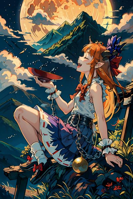 masterpiece, best quality,   <lora:suika:1>,1girl, long hair, solo, horns, ibuki suika, skirt, chain, bow, moon, torii, hair bow, shirt, orange hair, open mouth, very long hair, low-tied long hair, white shirt, sky, ribbon, red bow, night, sleeveless, sitting, smile, sakazuki, gourd, ahoge, mountain, night sky, cup, closed eyes, cuffs, sleeveless shirt, full moon, horn ornament, star (sky), sake, oni, bangs, sidelocks, belt, shackles, signature, alcohol, starry sky, torn sleeves, pointy ears, from side, full body, wrist cuffs, cloud, horn ribbon, profile, ribbon-trimmed skirt, outdoors, oni horns, cube, teeth, frills, torn clothes, blue skirt, mountainous horizon, purple skirt, bottle, fangs, :d, fang, hands up, absurdly long hair