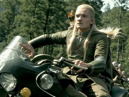 legolas, (riding a motorcycle:1.3), sharp, amazing, bokeh, canon dslr, movie still <lyco:legolas_v1.0:1>