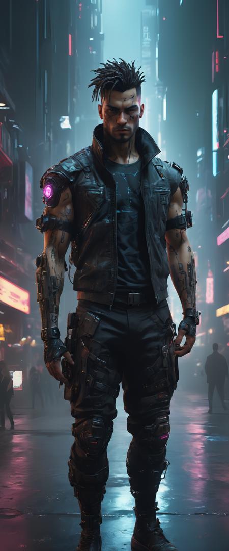 (cyberpunk style), 1man, full body shot, cyberpunk clothing, male focus, cyberpunk, cyberpunk background, (extremely detailed cyberpunk background), extremely detailed background, extremely detailed face, cyberpunk body modification, cyberpunk 2077 body modification, ((neon city background)), cyberpunk suit, robot, science fiction, solo, full body, wires and cables, sharp focus, natural lighting, cyberpunk reimagined, neon lights, action pose, colorful, bright colors, science fiction, a dystopian cyberpunk city, neon, cyberpunk 2077, (cyberpunk 2077 cityscape), art by Masamune Shirow,masterpiece, best quality, official art, extremely detailed CG unity 8k wallpaper, detailed background, best quality, expressive eyes, perfect face, perfect eyes, perfect anatomy, extremely detailed eyes and face, looking at viewer, detailed background, detailed clothes, cinematic lighting, beautiful 8k, masterpiece, best quality, high quality, hdr, photography by cosmicwonder, high definition, symmetrical face, volumetric lighting, 24mm, 4k, DSLR, high quality, ultra realistic,