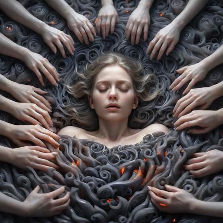 (masterpiece, best quality, high resolution), dark grey hands emerging from hell, calm sleeping pale pretty female face, many hands, vortex, intricate detail, 8k, hdr