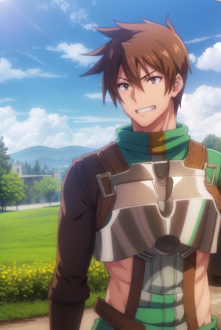 rance, <lora:rance-lora-nochekaiser:1>,
rance, brown hair, (brown eyes:1.5), male focus, smile, grin,
BREAK cape, armor, bodysuit, green bodysuit,
BREAK outdoors, forest, nature, sun, sky, clouds,
BREAK looking at viewer, (cowboy shot:1.5),
BREAK <lyco:GoodHands-beta2:1>, (masterpiece:1.2), best quality, high resolution, unity 8k wallpaper, (illustration:0.8), (beautiful detailed eyes:1.6), extremely detailed face, perfect lighting, extremely detailed CG, (perfect hands, perfect anatomy),