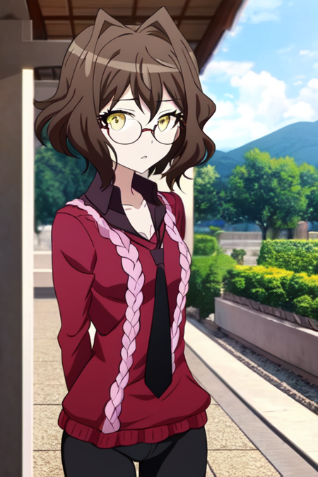 (masterpiece), (best quality:1.4, high quality:1.4, scenery:1.2, anime screencap:1.1), 1girl, solo focus, mitsume kokoro, yellow eyes, brown hair, medium hair, sidelocks, glasses, collarbone, bare shoulder, maroon sweater, long sleeves, black tie, orange tie, black shorts, arms behind back