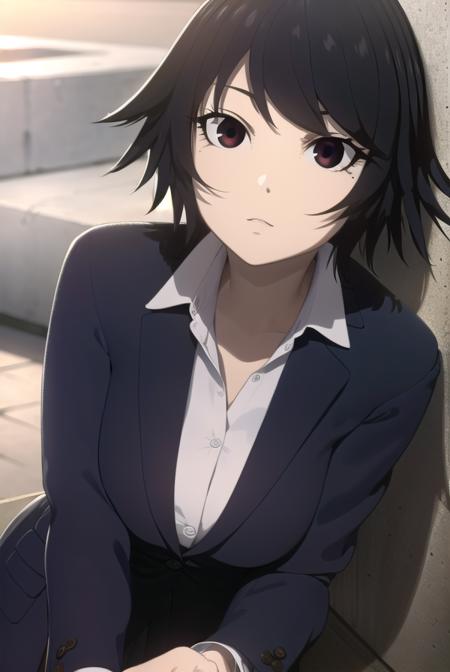 izumi shimomura, short hair, black hair, (black eyes:1.5), shirt, jacket, pants, formal, suit,