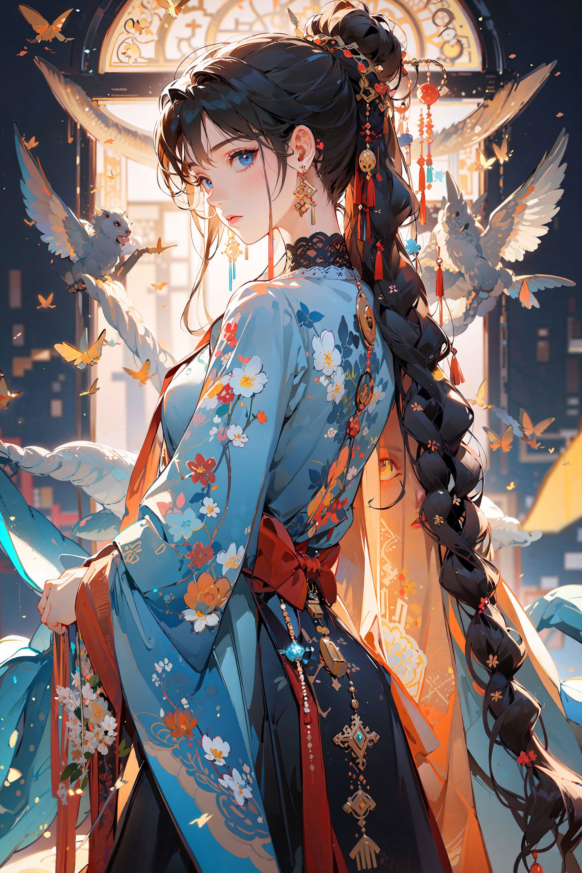 An anime girl with long black hair wearing a blue dress adorned with flowers and butterflies.