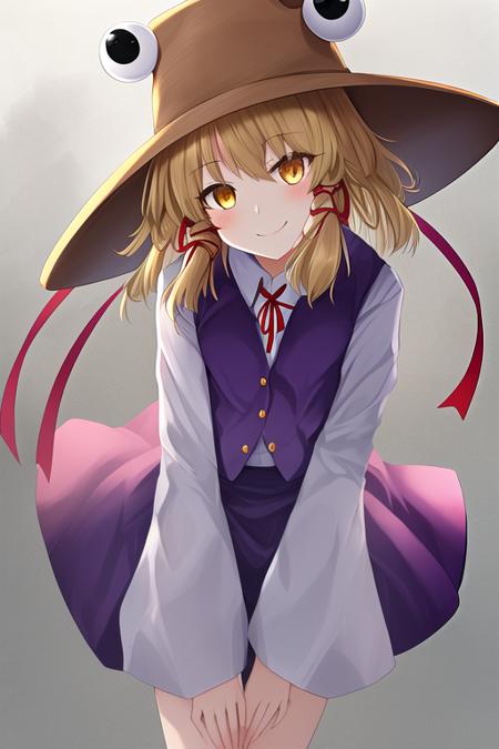 masterpiece, best quality, highres, solo, {moriya_suwako_touhou:1.10}, blonde_hair, hat, ribbon, hair_ribbon, vest, smile, yellow_eyes, red_ribbon, bangs, purple_vest, short_hair