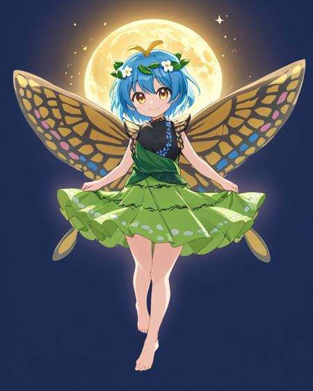 eternity larva,1girl, solo, barefoot, butterfly_wings, leaf_on_head, antennae, smile, green_dress, fairy, multicolored_dress, closed_mouth, white_flower, full_body, short_sleeves, full_moon
<lora:eternity_larva_image1690_2023-12-20:1>,star-shaped_pupils,symbol-shaped_pupils,. gorgeous,key visual, vibrant, studio anime,award-winning, professional, highly detailed,high budget, cinemascope