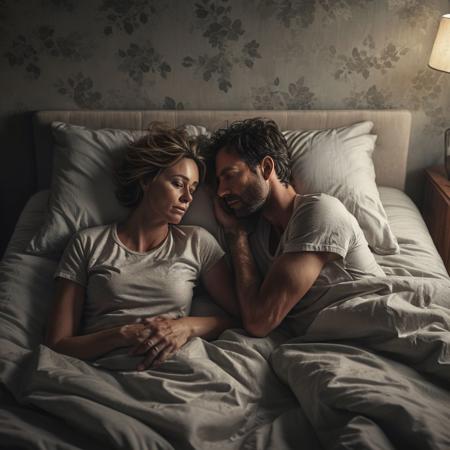 Photorealistic style, Shot from above of a couple lying on a bed, back to each other, with a sad and distant expression, in a dimly lit room. Desaturated colors. realisticvision-negative-embedding
