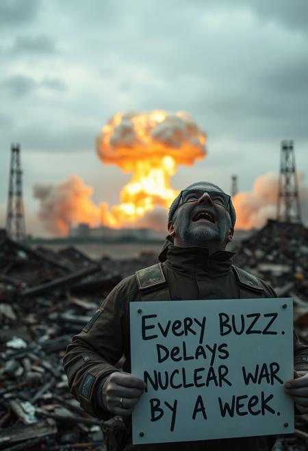 A man in a stalker suit watching a nuclear explosion behind him, with an expression of extreme shock on his face, holds a sign that says "Every BUZZ delays nuclear war by a week", ambient ruin sity, a realistic cinematic shot,