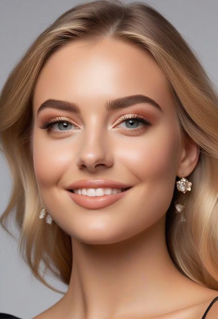 High resolution, 4k, realism, high quality, 1girl, Eye color, Deep ocean blue, large, and expressive, with a natural shine conveying warmth.Face shape, Oval, smooth, with slightly high cheekbones, adding elegance.
Hair, Long, Side Swept Bangs , golden blonde, cascading to the shoulders, with a silky texture.Skin tone, Fair, luminous, with a soft pink tint on the cheeks, flawless and radiant, Ears, Small, well-proportioned, subtly hidden by hair, adding softness.Nose, Fine and delicate, with a smooth bridge, slightly rounded at the tip, adding sweetness, Lips, Full, perfectly defined, naturally colored between pale pink and coral, with a subtle Cupid's bow, curved into a warm smile, Facial structure, Balanced, with a soft yet defined jawline, harmonious and symmetrical, Smile, Sincere and charming, lighting up the face, reflecting kindness and joy, Photo angle, Front view, slightly tilted left, focusing on the eyes and lips, emphasizing emotional expression and beauty.