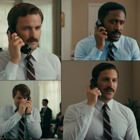 cinematic film still of  <lora:Split Screen Style:1>
two different images of a man in a suit talking on a phone,Split Screen Style,smile,brown hair,shirt,black hair,hat,holding,jewelry,white shirt,male focus,multiple boys,necktie,collared shirt,dark skin,2boys,necklace,bracelet,facial hair,phone,sunglasses,dark-skinned male,cellphone,beard,holding phone,realistic,mustache,striped necktie,talking on phone , division of the screen, half screen, several simultaneous images, shallow depth of field, vignette, highly detailed, high budget, bokeh, cinemascope, moody, epic, gorgeous, film grain, grainy