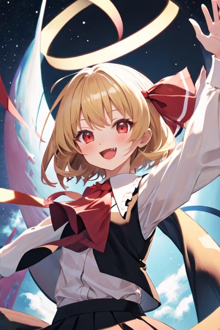 best quality, masterpiece, highres, solo, {rumia_touhou:1.15}, blonde_hair, ribbon, short_hair, hair_ribbon, red_eyes, vest, smile, open_mouth, red_ribbon, ascot, 1girl, :d, black_vest, long_sleeves, looking_at_viewer, red_ascot, shirt, white_shirt, black_skirt, outstretched_arms, skirt, bangs, frills, fang, blush, upper_body, darkness, frilled_shirt_collar, spread_arms