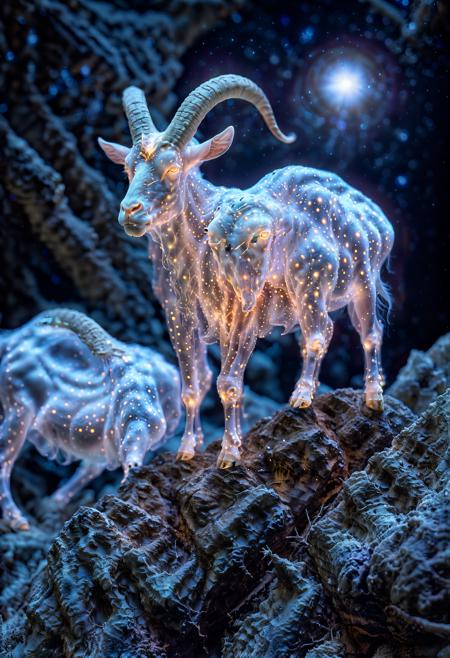 (dappled lighting:1.3), floating  in the void of outer space an ethereal sihlouette of (Capricornus – the Sea-Goat) giving off an eerie glow, ancient celestial bodies in the background, polar stratospheric clouds,